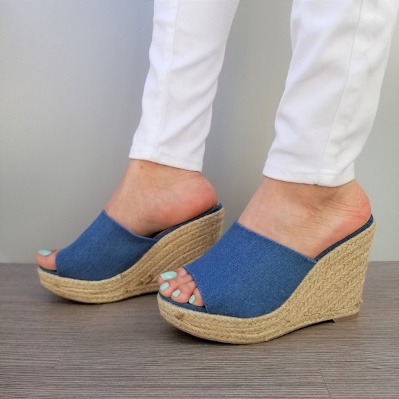 Blue Denim Slip On Espadrille Wedge Sandals-B - Picture 2 of 8